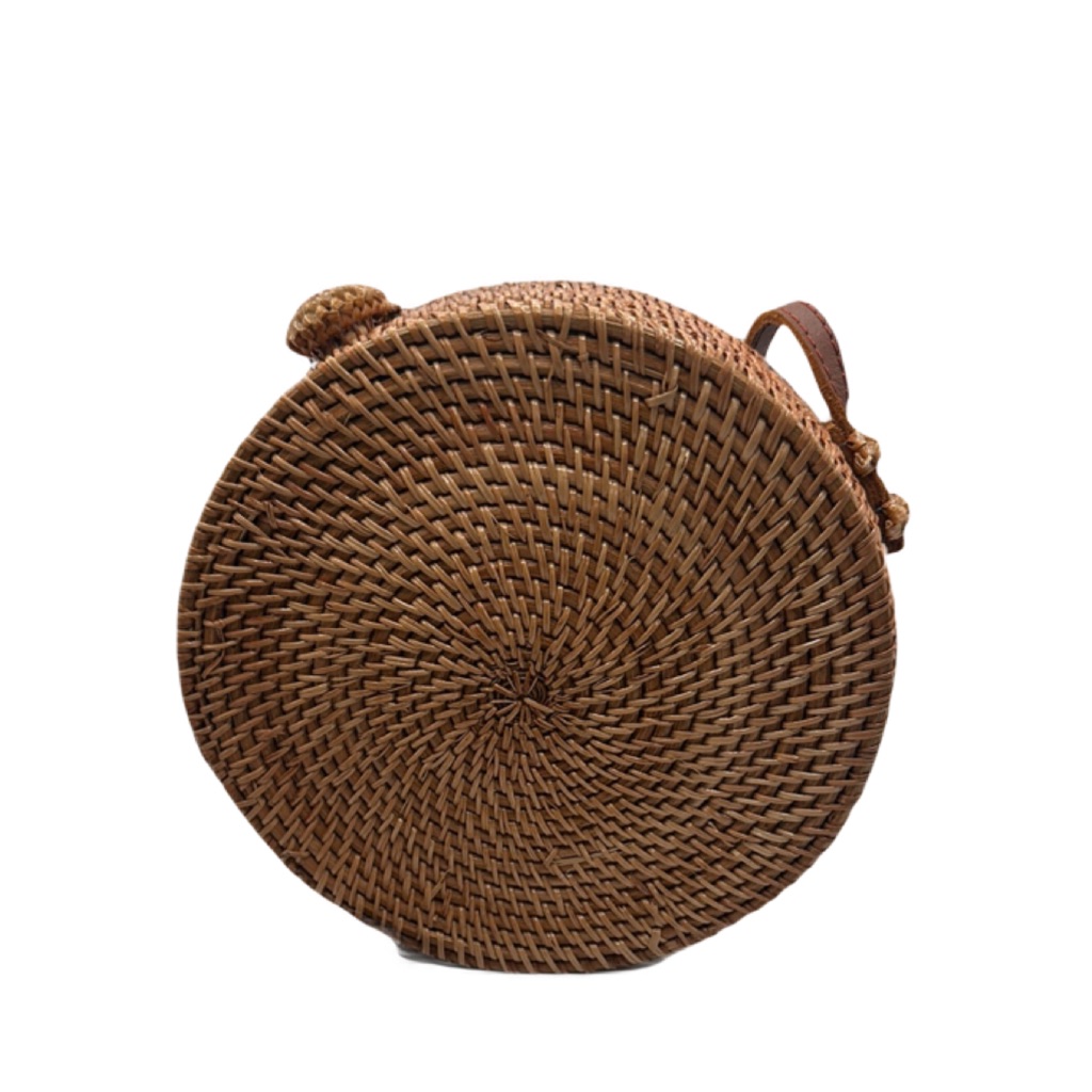 Tan Rattan Woven Circular Crossbody Bag With Spiral Design